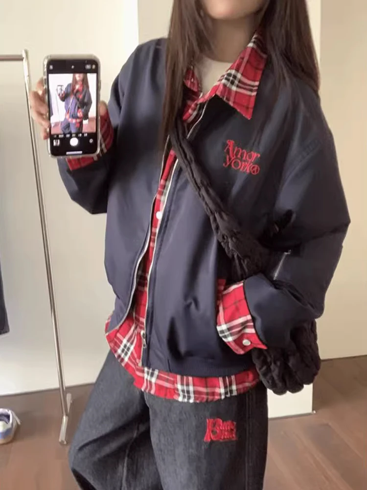 

Trendy American Street Blue Plaid irt Jaet Fake Two-Piece Spring Autumn Baseball Sle Men's Outerwear Polyester Fiber