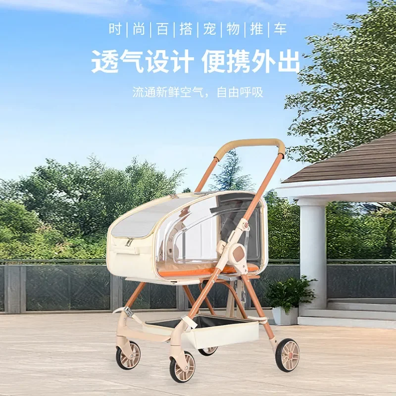 Lightweight Foldable Pet Stroller for Small Dogs and Cats Portable Transparent Carrier Trolley Blue Travel Walking Cart for