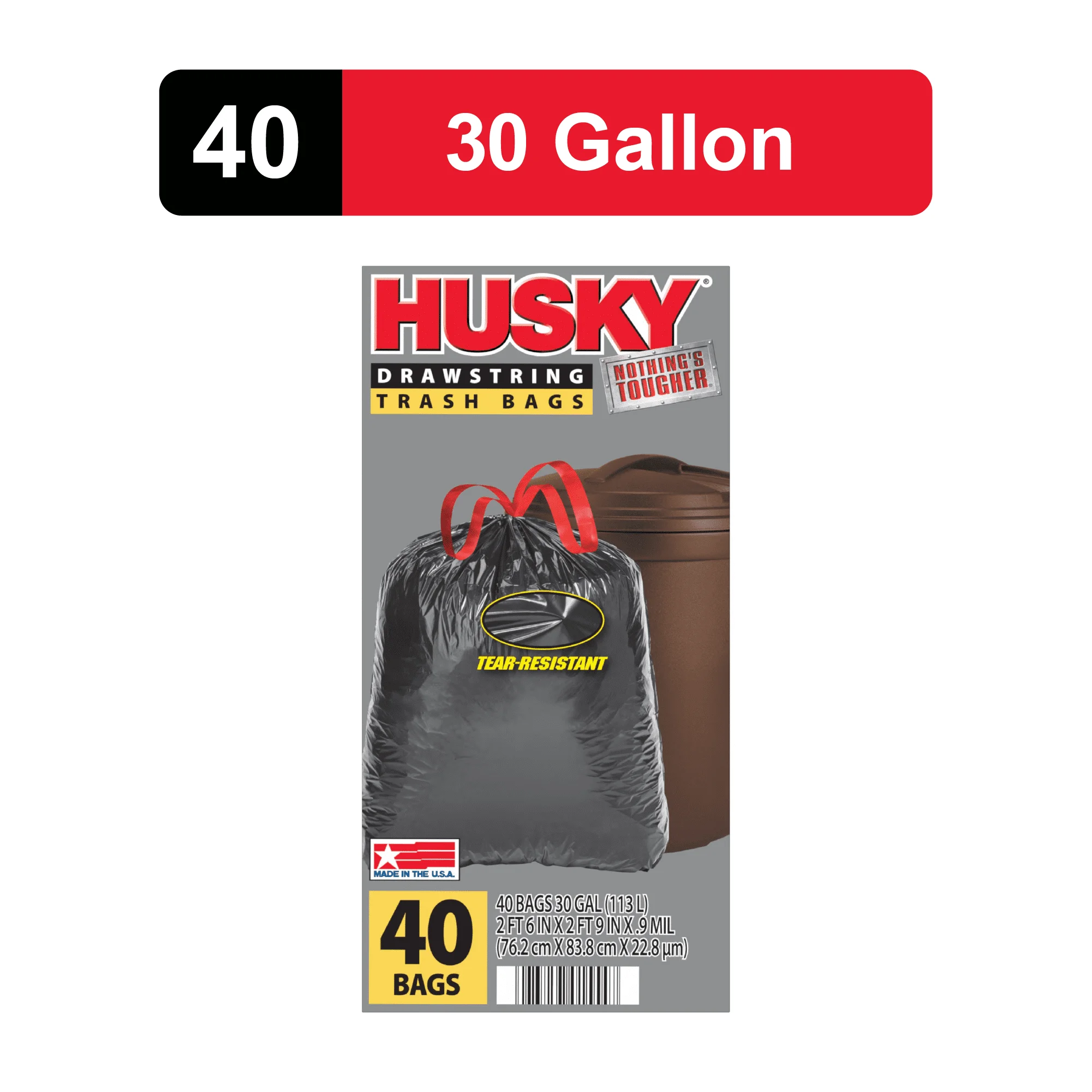 Husky Large Trash Bags, 30 Gallon, 40 Black Bags (Unscented, Tear-Resistant, Drawstring, 20% PCR)