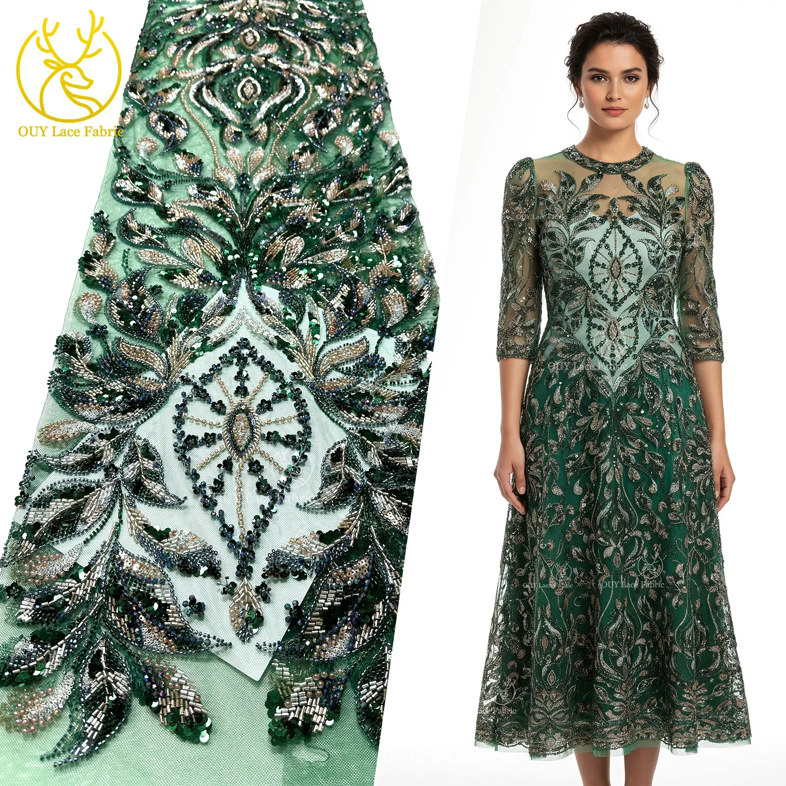 

Green Luxury African Heavy Beaded Lace Fabric 2026 High-Quality Nigerian Tulle Sequined Lace Fabric Gown Haute Couture Fabric
