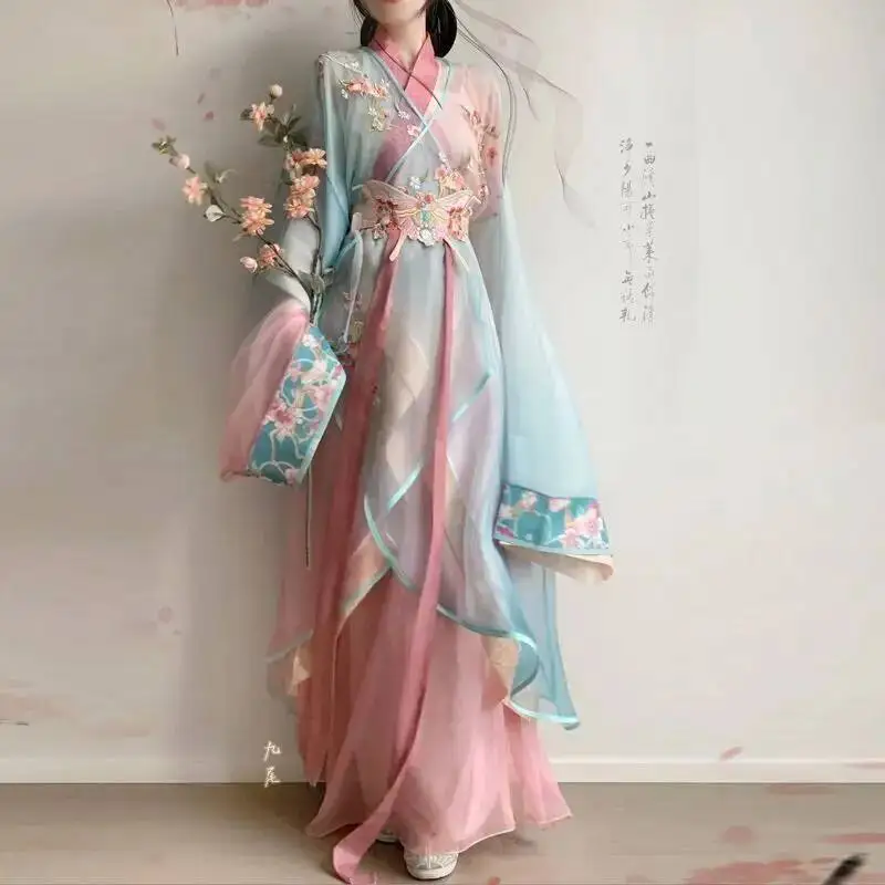 

New Hanfu Dress Suit Improved Embroidered And Print Blended Hanfu Daily Short Style Tailored Palace Style Girl's Pink Han Set