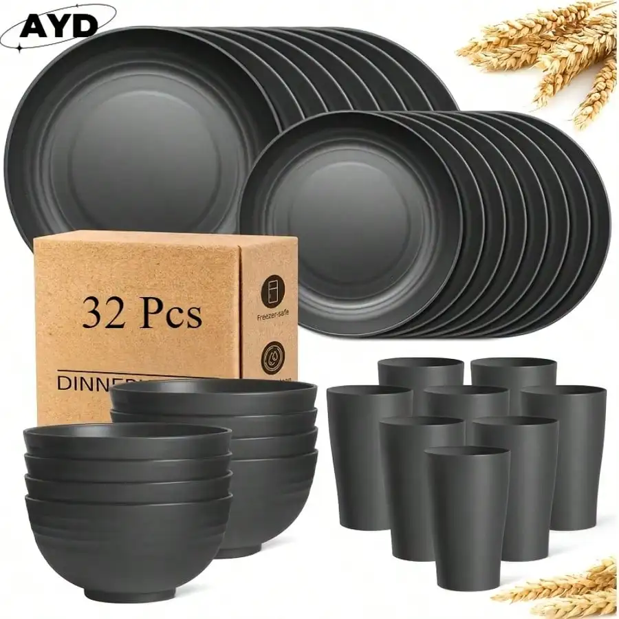 32PCS Wheat Straw Dinnerware Sets, Plates And Bowls Sets For 8, Black Plastic Dinnerware Sets, Microwave Dishwasher Plates, Dishes Set For 8 For Valentine'S Day, Durable Party Tableware Kit For Gifts