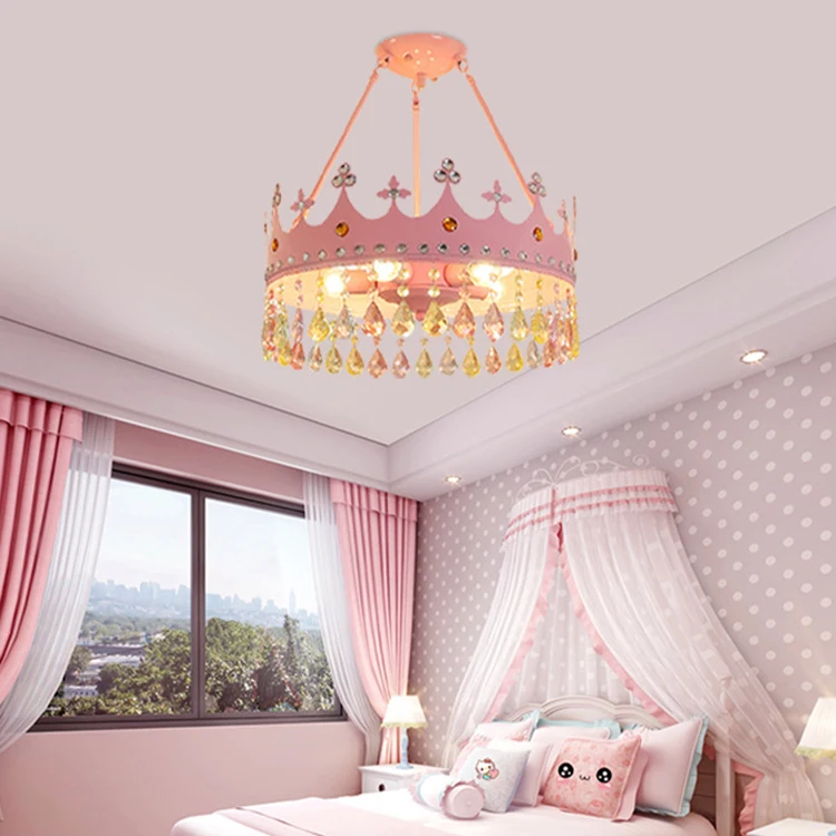 

Pink Crystal Crown LED Ceiling Light E27 Bulb Energy-saving Children's Room Three Color Light 45cm Girls Bedroom Pendant Light