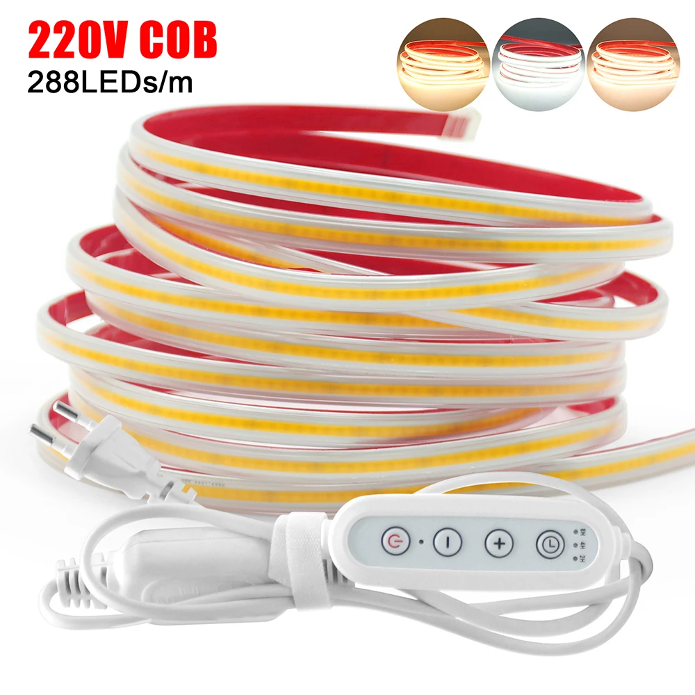 

Светодиодная лента COB 3000K 4000K 6000K с диммером на 4 кнопки, комплект питания 220В, 1м 5м 10м 20м 30м 40м 0.5м, 288 светодиодов, гибкая прозрачная трубка-лампа