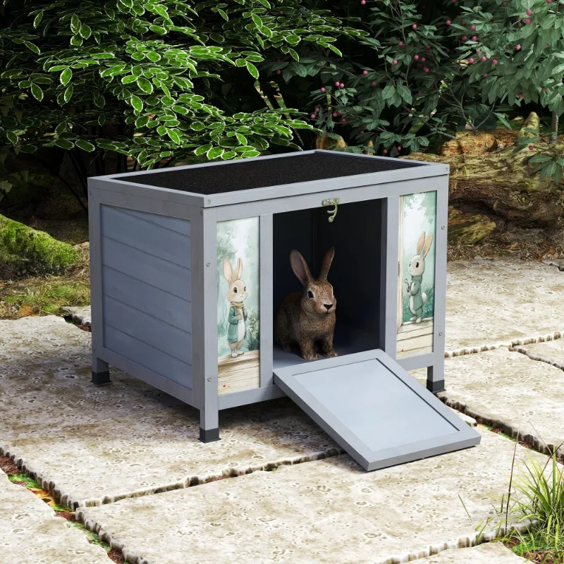

Small Outdoor Wooden Rabbit Hutch with Lockable Door & Weatherproof Roof, Openable Top, Bunny Cage Pet House for Rabbits, Guinea
