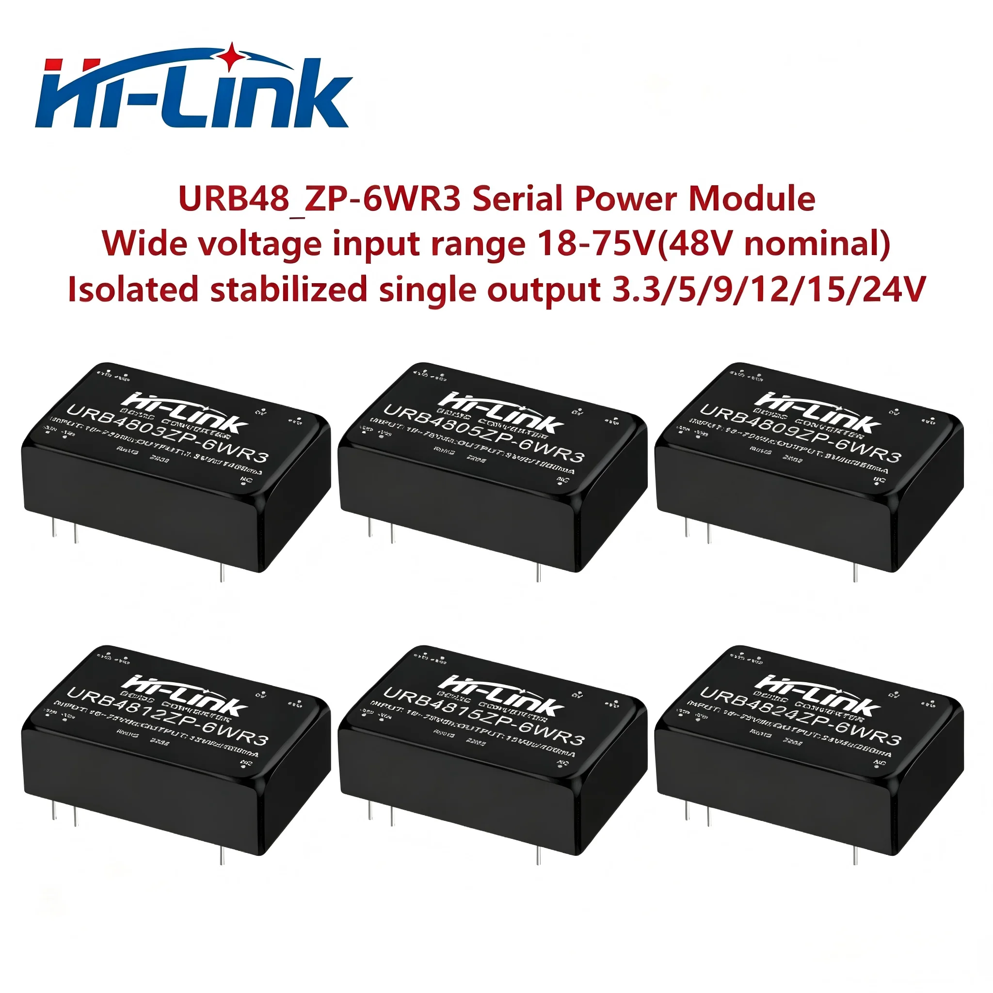 Hi-Link URB4812ZP-6WR3 DC-DC Isolated Power Module 48V to 3/5/9/12/15/24V Single Output Wide Voltage DC Converter