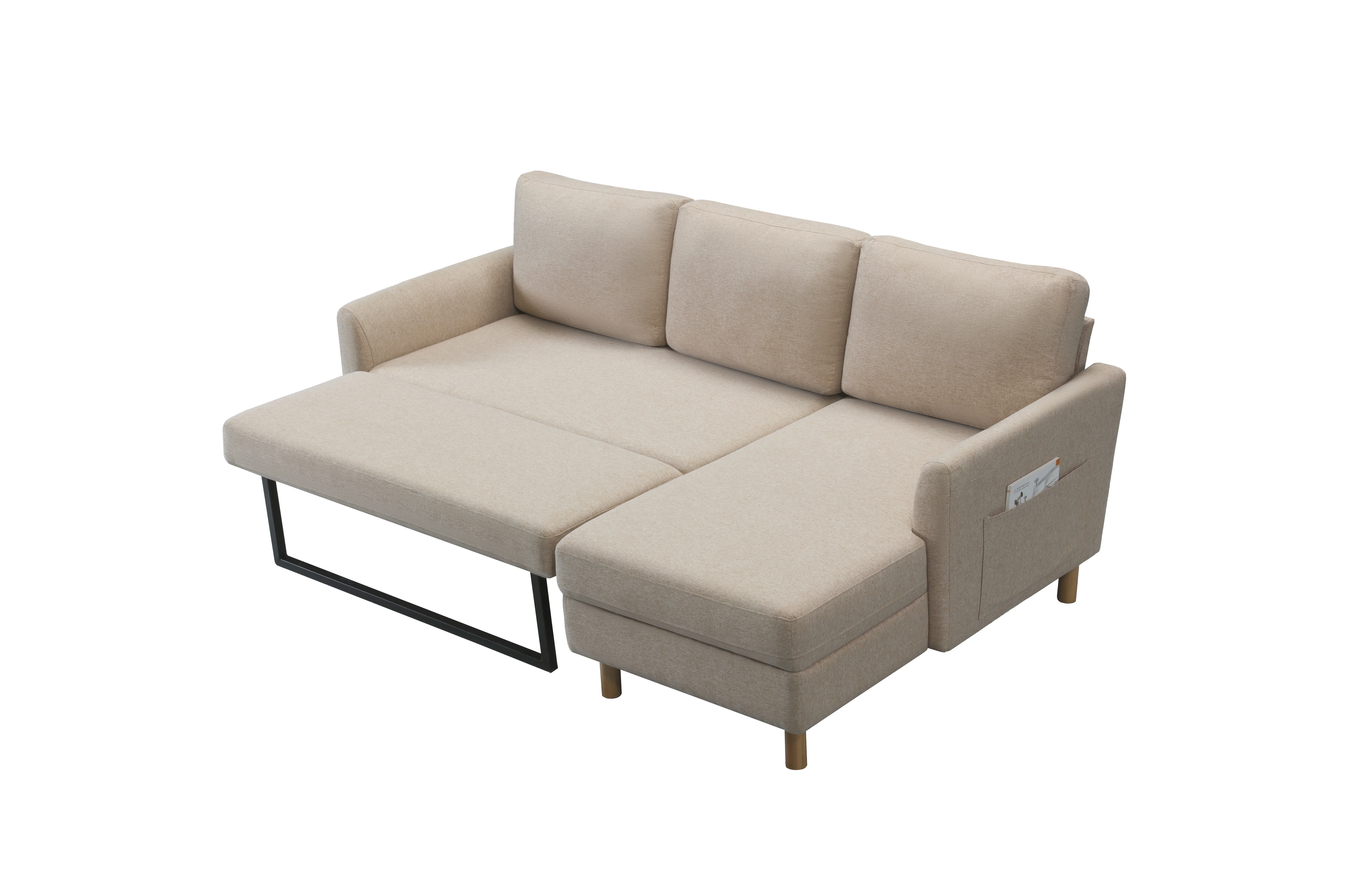 Adjustable L-Shaped Sofa Bed With Chaise 2P Beige , Upholstered Fabric Sleeper Sectional Sofa with Chaise Modern Craftsmanship F