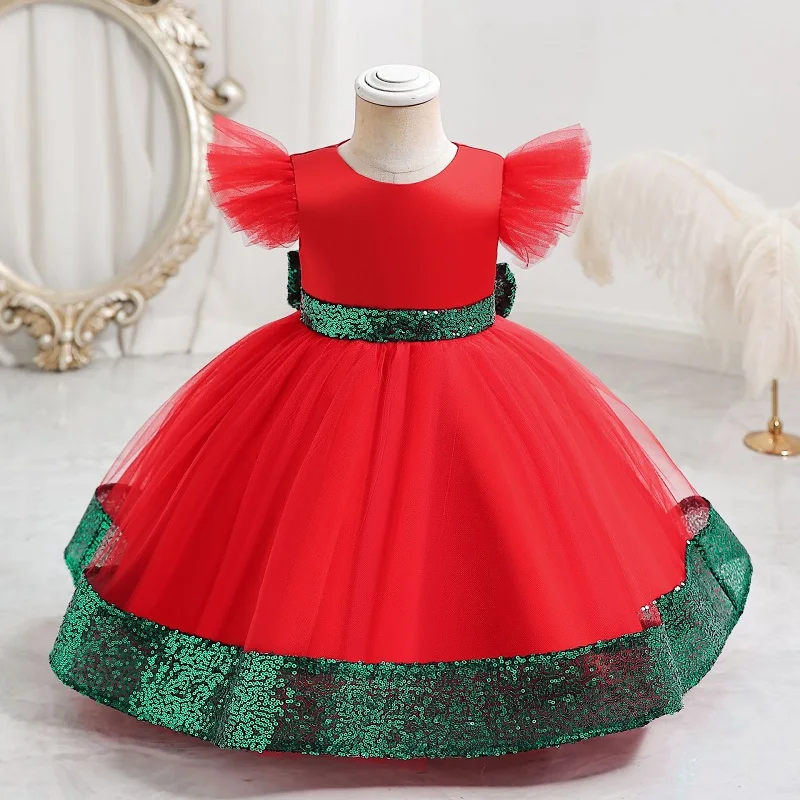 

Christmas Ball Girl Princess Dress Red Embroidery 0-5 Year Old Baby Girl Birthday Party Dress Children's Bubble Sleeve Dress