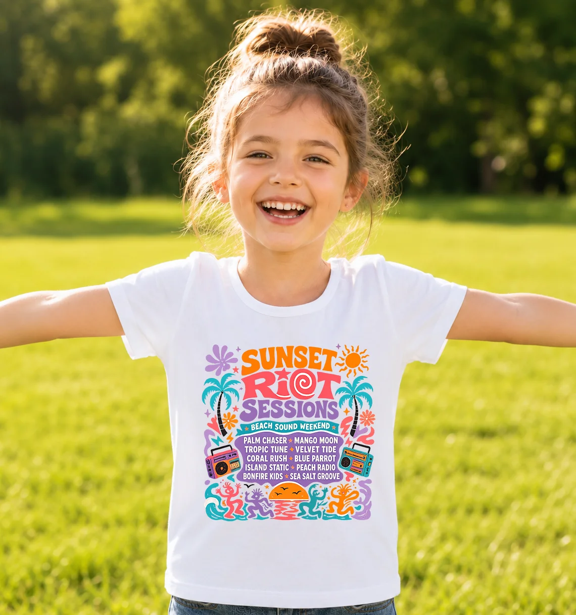 Kids Sunset Riot Sessions Graphic T Shirt Summer Beach Sound Weekend Print Tees Girls Palm Tree Retro Radio Casual Short Sleeve