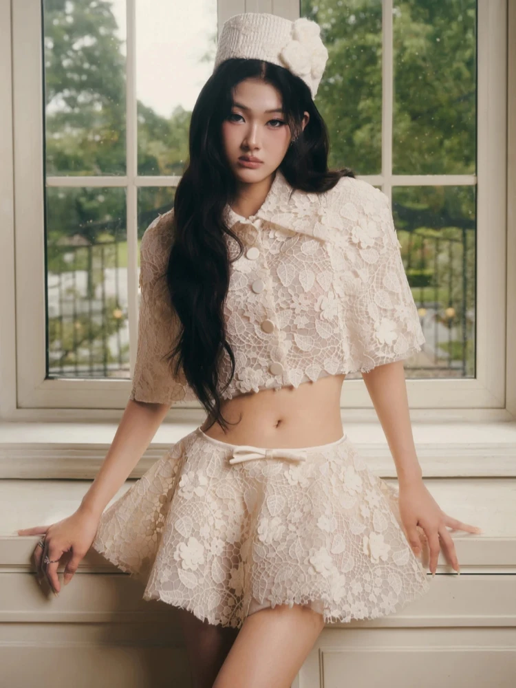 2026 Women Lace Skirt Two Piece Set Sexy Single-breasted Short Top + A-line Mini Bow Skirt Suits Evening Cocktail Set