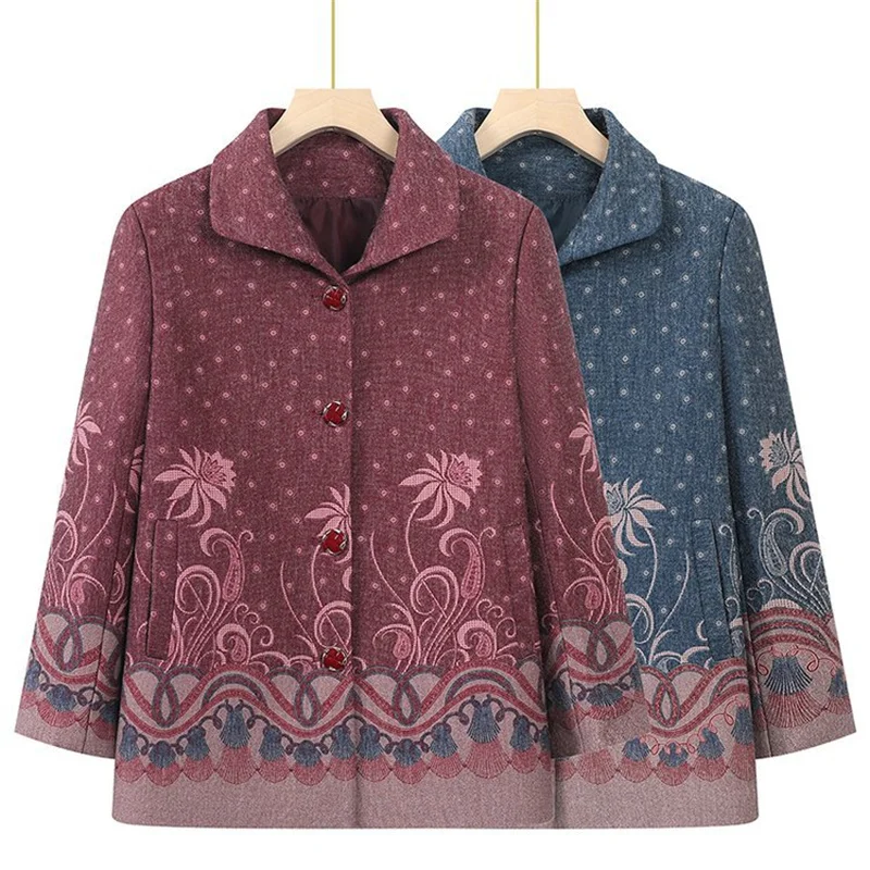 Woolen Coats Women Print Lapel Single Breasted Pocket Wool Jackets 2024 Autumn Winter Mother Long Sleeve Loose Outwear Top 3XL