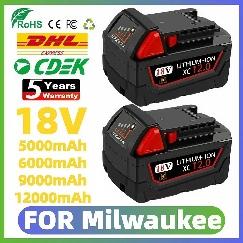 

12000mAH for Milwaukee M18 18V Replacement M18B5 XC Li-ion Battery True Capacity 48-11-1815 48-11-1850 2604-22 Charger