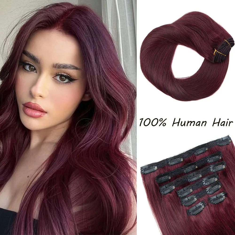 Burgundy Clip In Human Hair Extensions Straight Natural Brown Blonde Black Hair Pieces For Women 7pcs Double Weft Clip Ins Hair