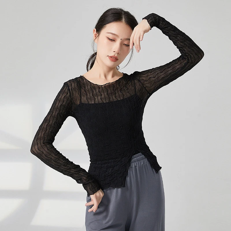 Modern Dance Tops Women Lace Long Sleeve Mesh Sheer Shirt Slight See Through Elegant Blouse Practice Clothing Casual Saree Wear