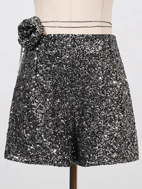 

Шорты с высокой талией, блестящие, с пайетками, асимметричные, в стиле ретро, для стройности, уличный стиль, летняя новинка, женские повседневные брюки