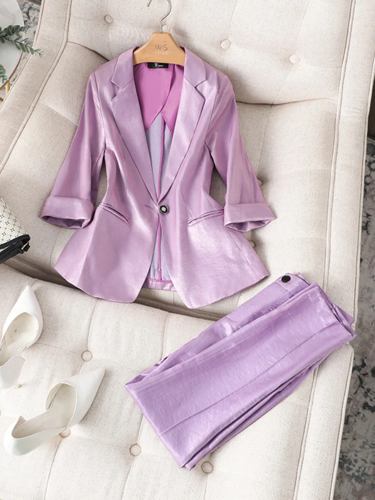 

2023 Summer Korean Style New Women Suits 2 Pieces High Quality Temperament Acetate Satin Fashion Lady Blazer Casual Ninth Pants