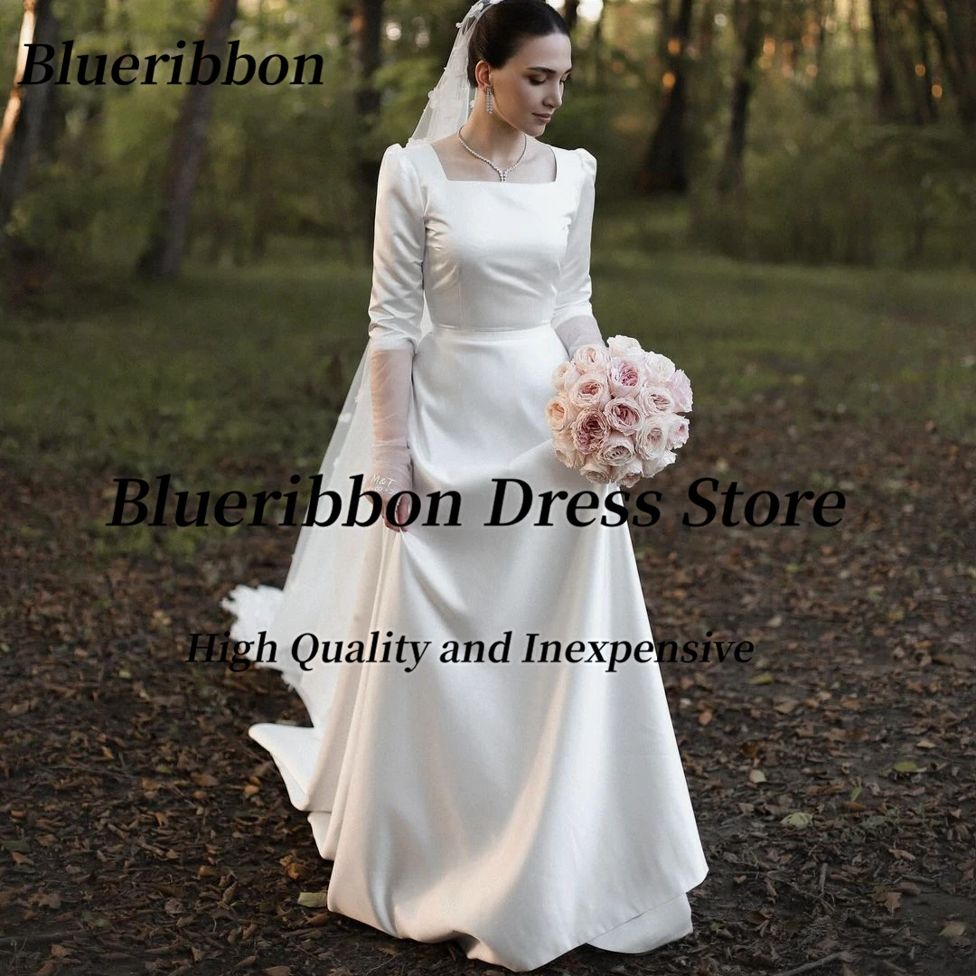 

Blueribbon Country A Line Wedding Dresses Square Neck Lon Sleeves Bridal Gowns Half Sleeves Satin Vestidos De Novia