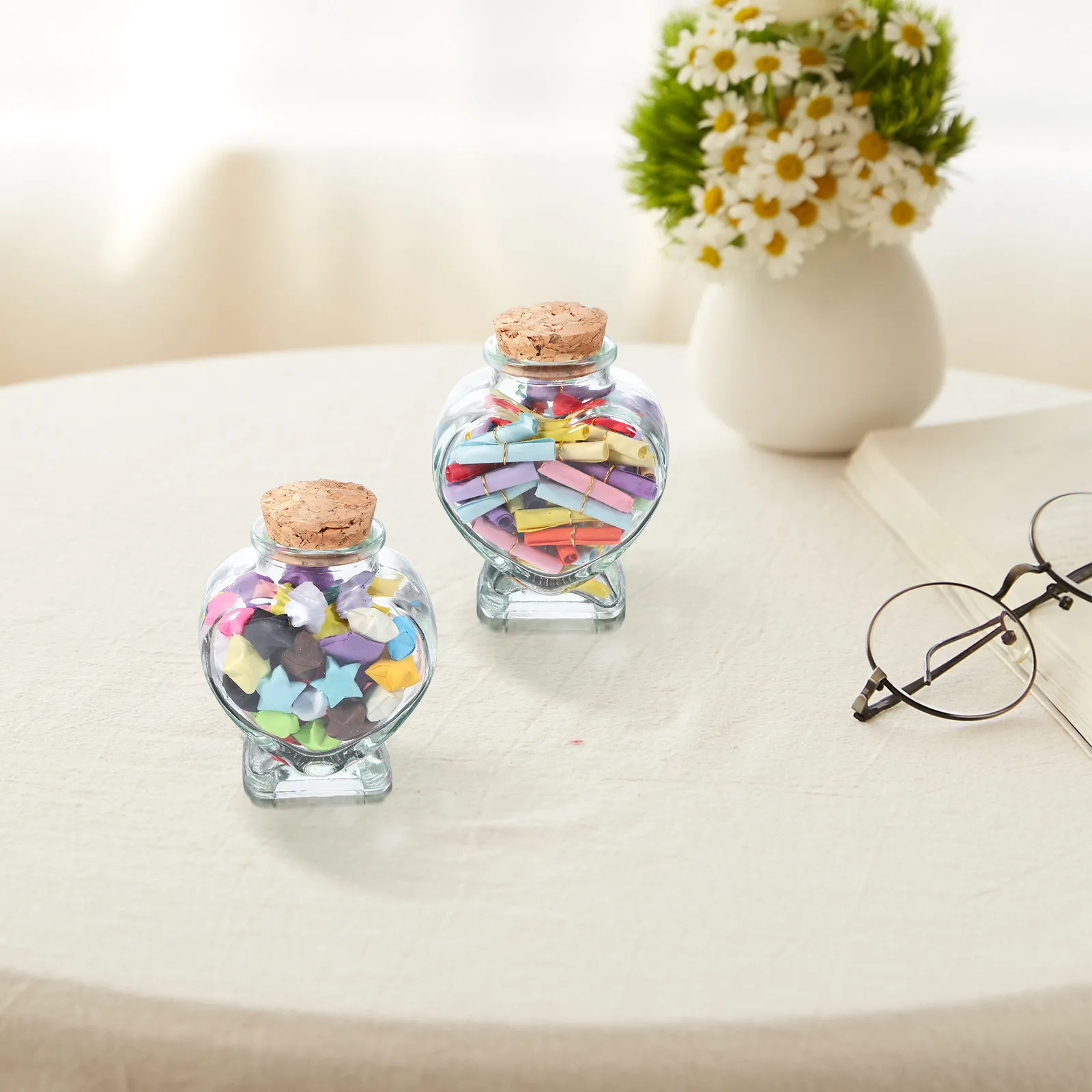 Heart Glass Jars with Cork Stoppers 2 Pack Clear Wish Bottles for Candy DIY Crafts Wedding Desktop Decor