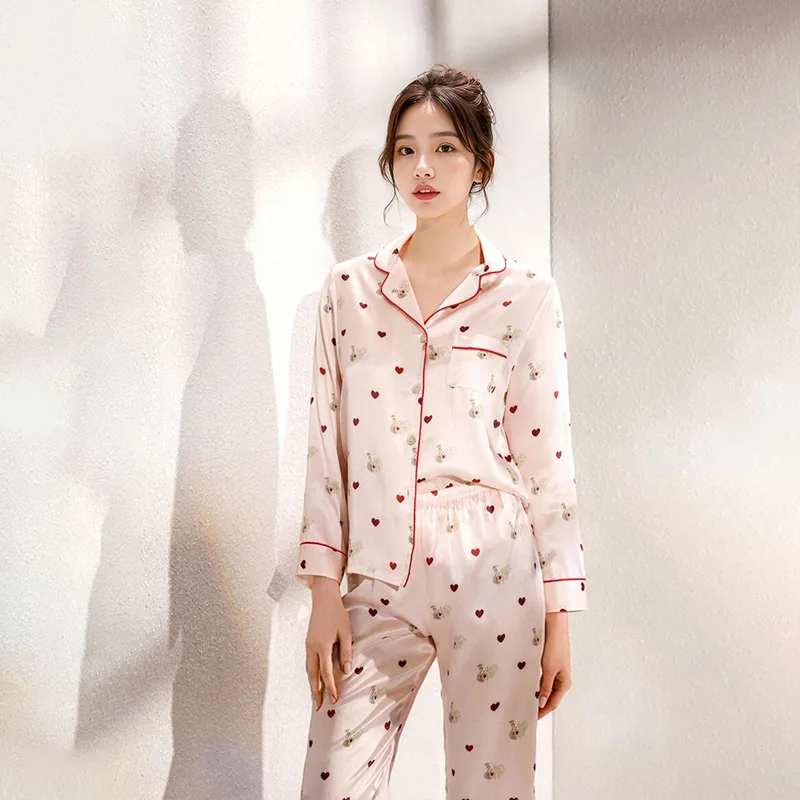 2025년 신상 실크 파자마 세트 여성용 긴 소매 100% 뽕나무 실크 고급 12mm-40mm