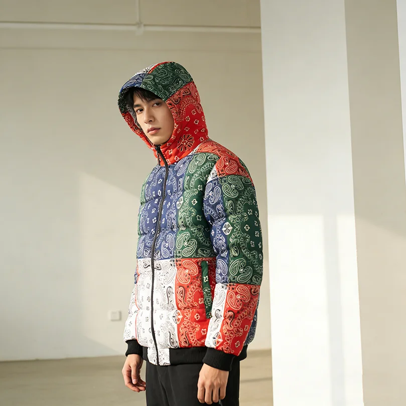 

Зимняя куртка мужская бандана с принтом в стиле пэчворк, хлопковое стеганое пальто, толстая теплая куртка с капюшоном, университетская верхняя одежда для колледжа, новинка 2024, Z1