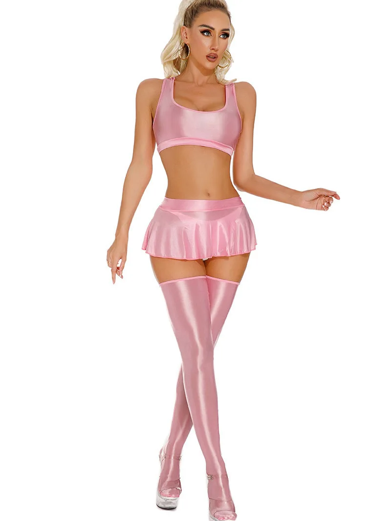 

New Sexy 2025 Oil Glossy Silky Smooth Transparent Large Size Set Women Square Neck Sling Top+pleated Skirt Two Piece Set IFBJ