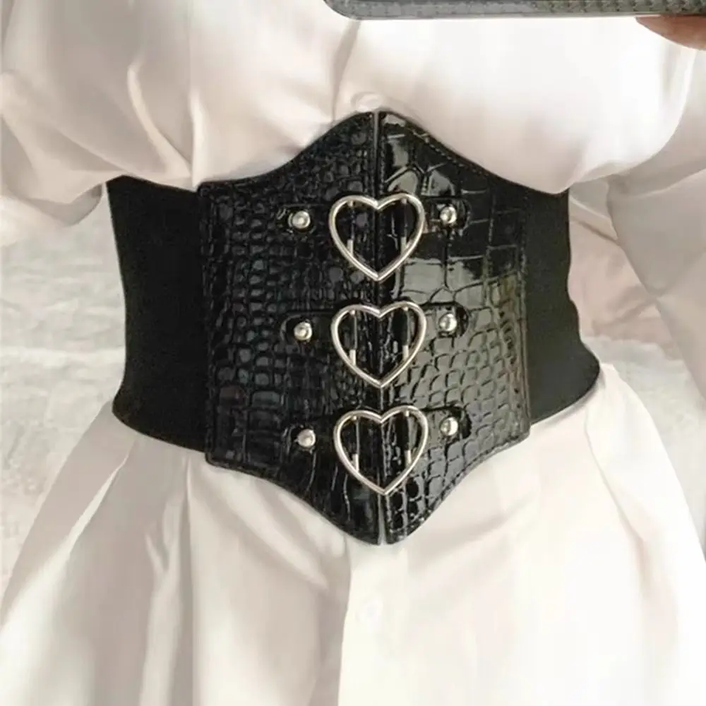 심플한 PU 가죽 러브 버클 허리띠 하이 웨이스트 드레스 거들 여성용 허리밴드 탄력 있는 와이드 웨이스트 벨트 코르셋