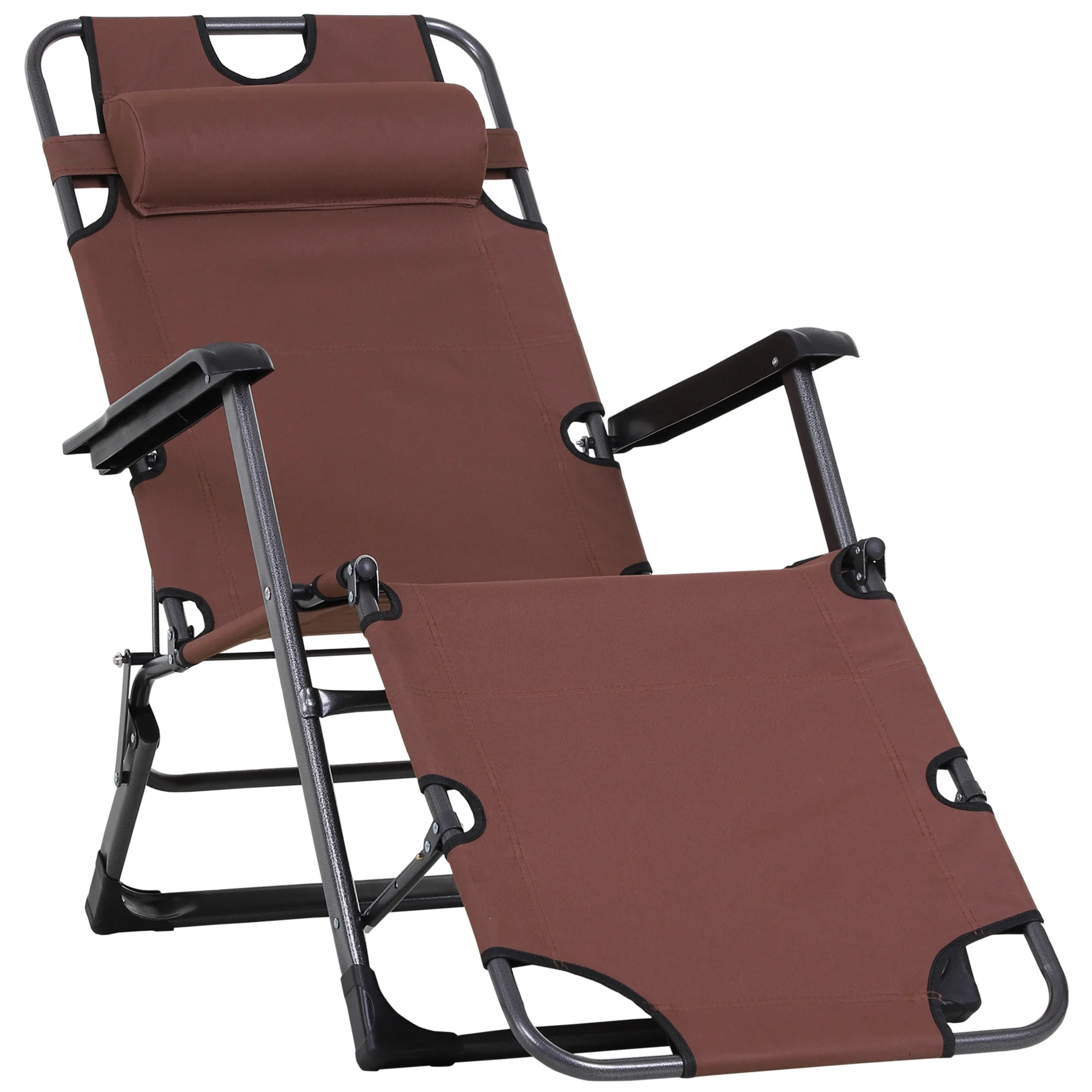 Outdoor Folding Patio Chaise Lounger Armchair Recliner W/ Padded Headrest, Brown