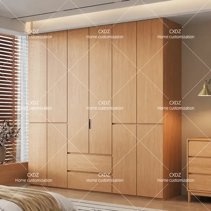 Oak Solid Wood Handle Free Wardrobe Home Master Bedroom Storage Cabinet Modern Simple Log Color Sectional Wardrobe