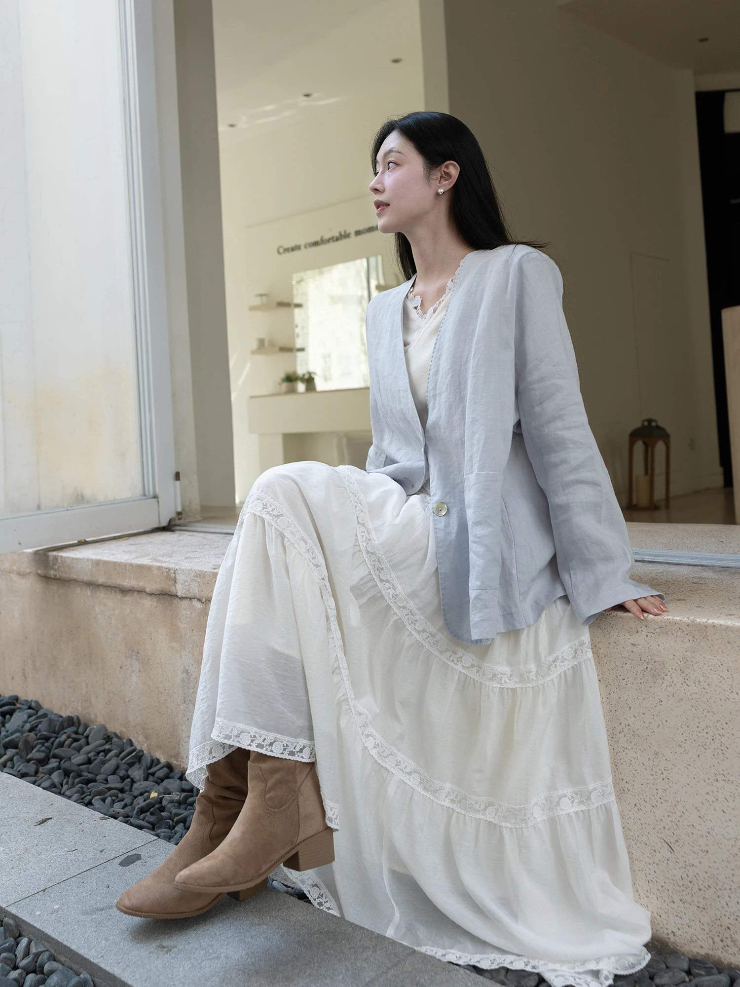 

Синий высококачественный пиджак из 100% льна с пуговицами, повседневный свободный крой, женская верхняя одежда для ежедневной носки, осенний сезон