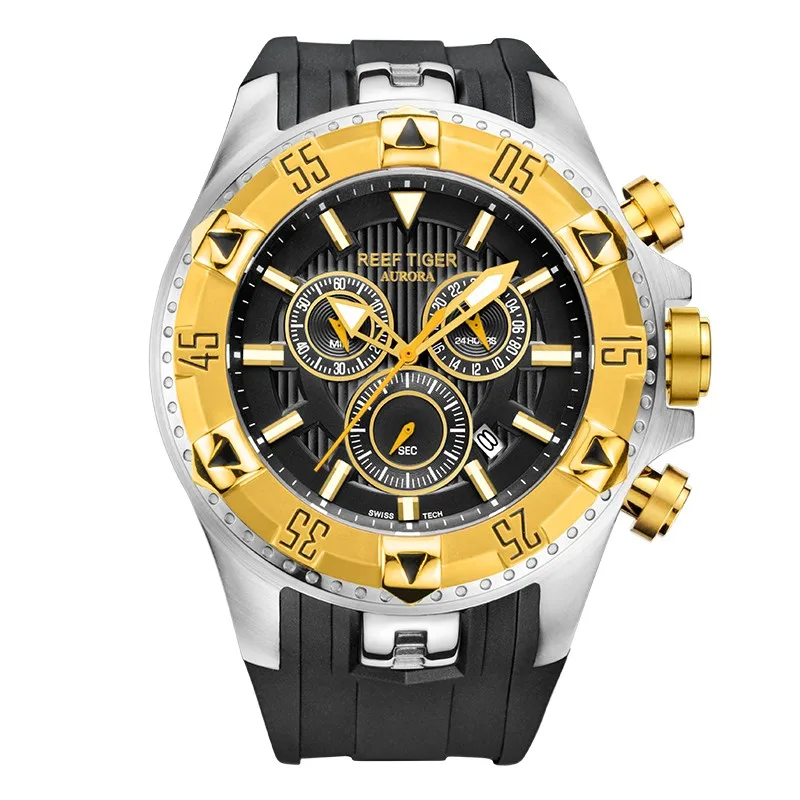 Reef Tiger-Reloj de pulsera deportivo para Hombre, cronógrafo de cuarzo con fecha, esfera grande, 24 horas, manecillas luminosas, Masculino