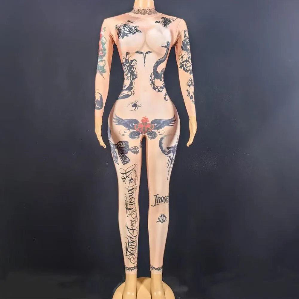 

Women Sexy Long Sleeve Print Color Bodycon Long Jumpsuit High Stretch Celebrate Nightclub Party Club Bar Dancer Stage Wear