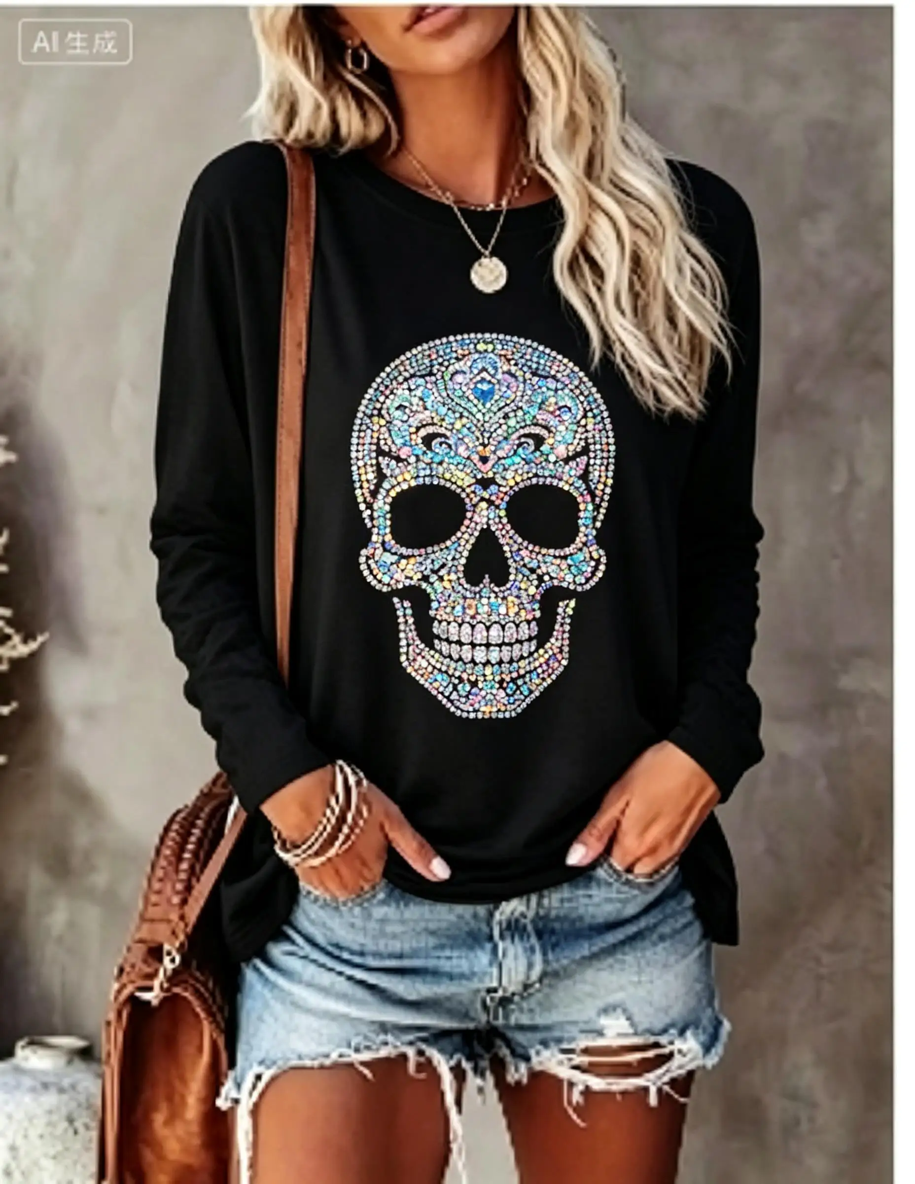 Women Long Sleeve T‑Shirt Simulated Rhinestone Skull Red Rose Gothic Print Crew Neck Fall Tops view 3