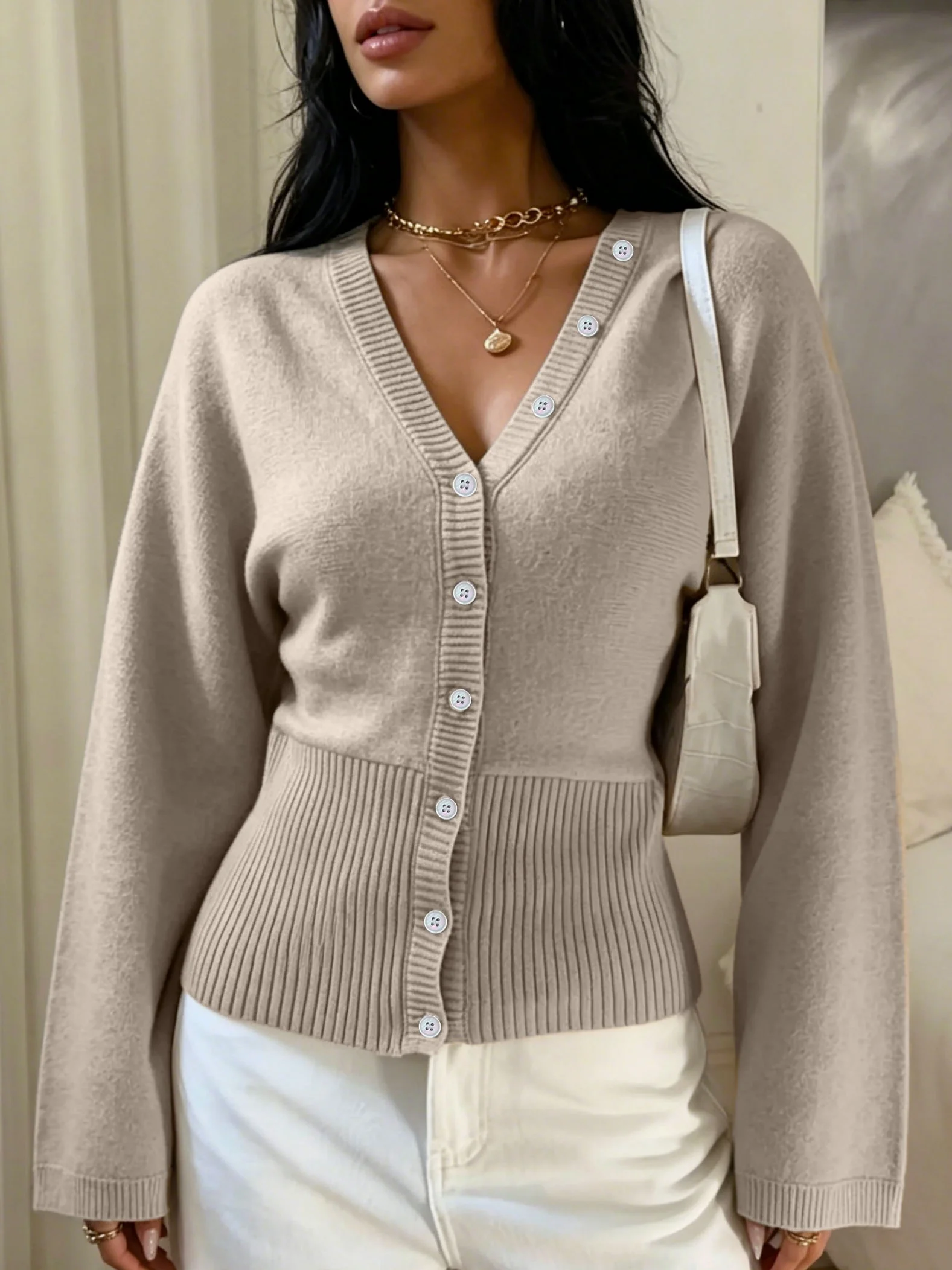 Picture 5: Women's pure-colored ribbed trimmed knitted cardigan, suitable for casual and elegant dating, suitable for spring and autumn