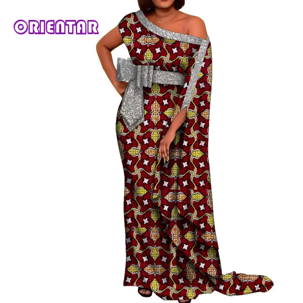 African Print Dresses Women One Split Sleeve Sequin Boat Neck Evening Dress Dashiki Casual Loose Women Ankara Maxi Dress WY10141