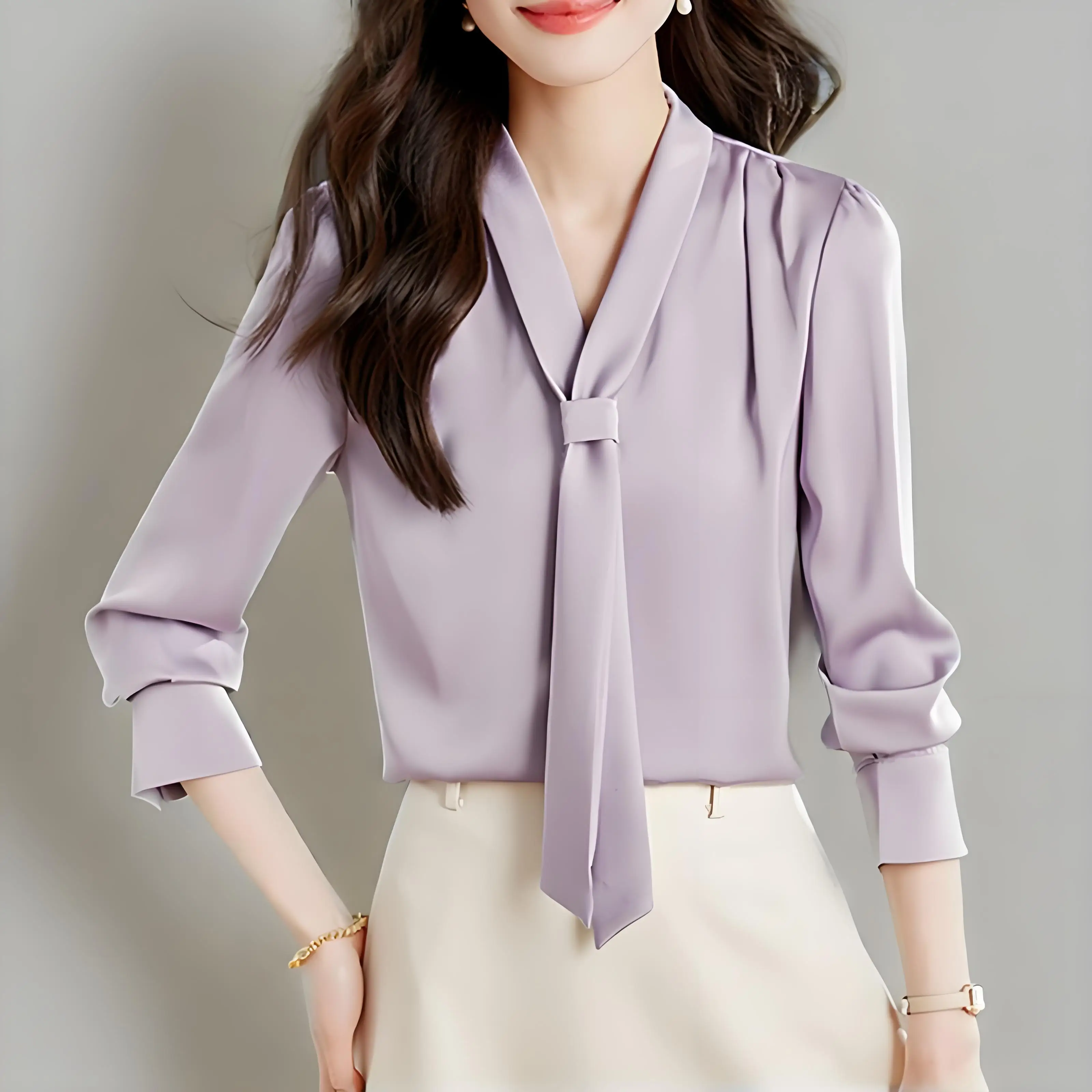 

Женские атласные фиолетовые блузки Простота белых рубашек Элегантный галстук-бабочка с длинным рукавом Офисная женская рабочая одежда Топы Модная женская одежда