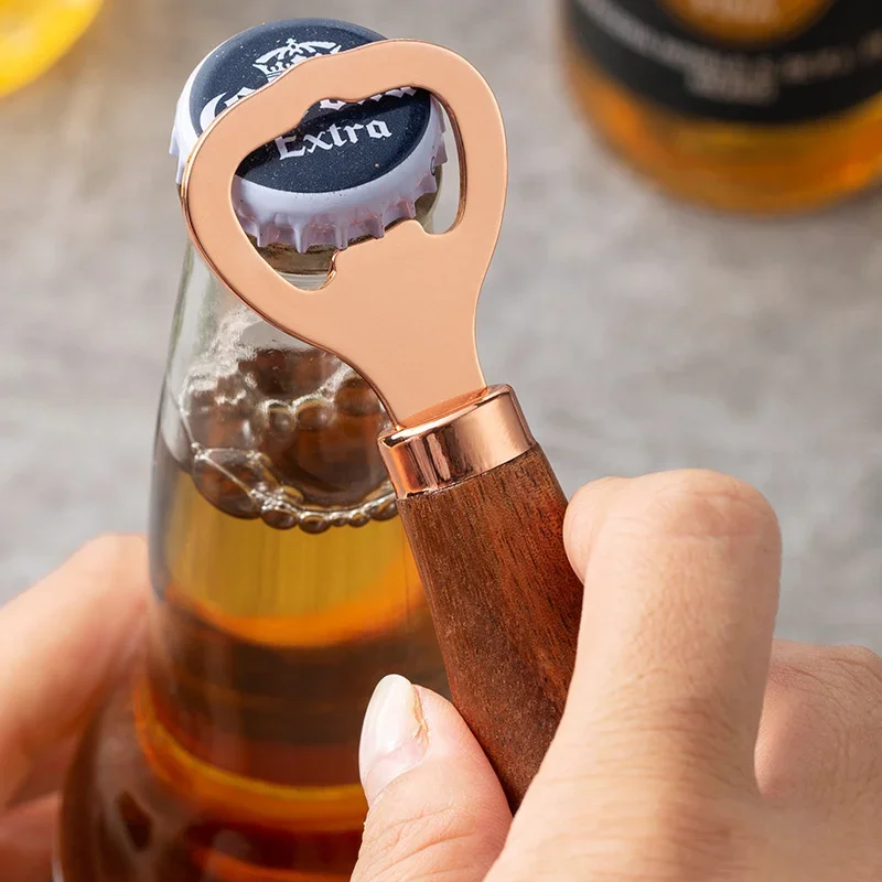 

Stainless Steel 2pcs Bottle Opener Bartender Handheld Beer Jar Opener Wooden Can For Parties Bar Tool