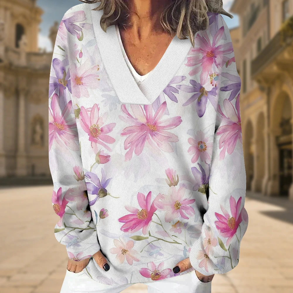 Felpa floreale Boho da donna Elegante pullover a maniche lunghe con scollo a V con fiori rosa blu Streetwear vintage Top oversize accoglienti