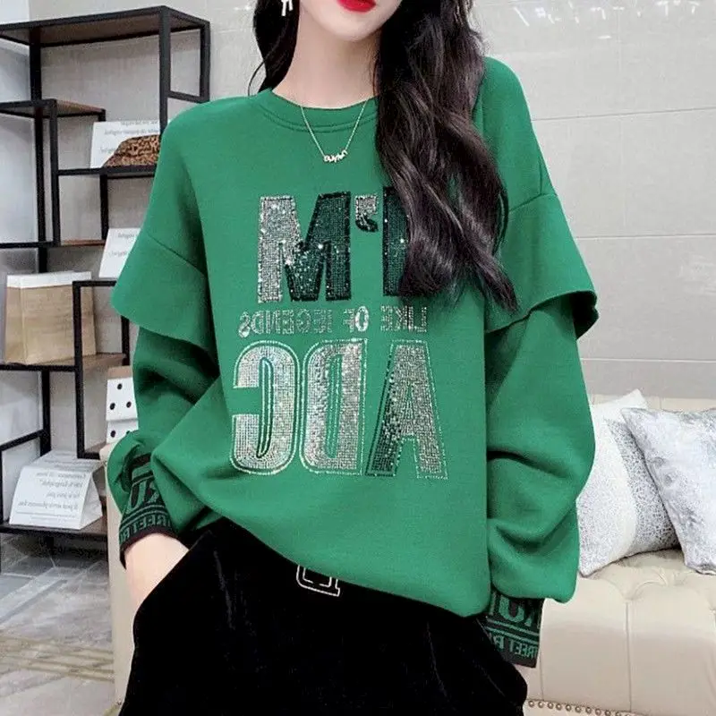 Fashion Pullovers Women Spring Autumn Trendy Ruffled Long-sleeved Sweatshirts Personality Loose Diamond-studded O-neck Pullover