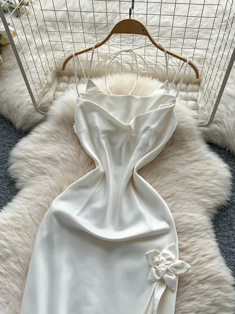 فستان نسائي فاخر من الساتان بتصميم صيفي أنيق مع شق عند الخصر ورباطات بدون أكتاف، تنورة طويلة على الطراز الكوري، مثالي للتنقل ...