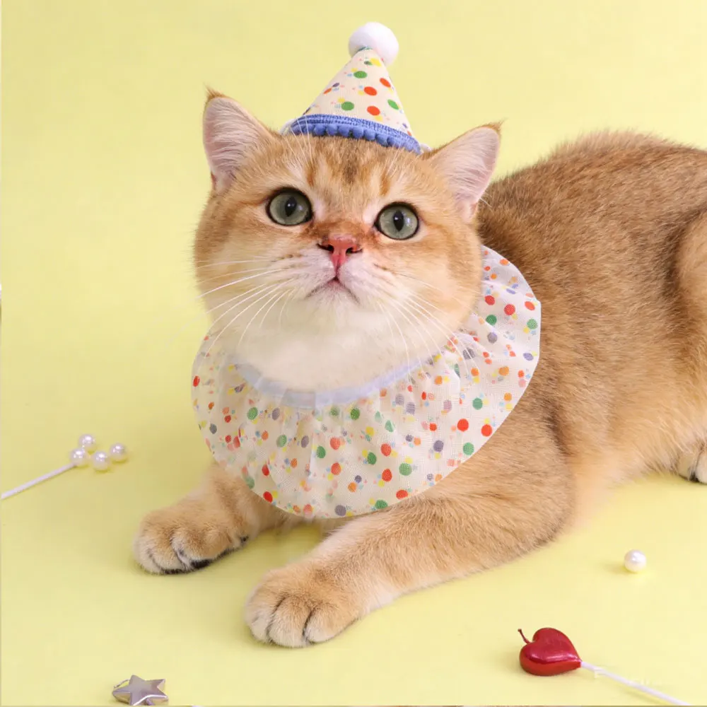Pet Polka Dot Bib  Cute Cat & Dog Slimline Mesh Fabric  Birthday Set Spring Summer Clothing Combination Decoration Supplies