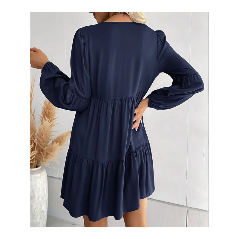 فساتين قصيرة بأكمام طويلة للنساء، رقبة على شكل V، فستان خريفي كاجوال فضفاض مناسب للنساء، فستان بوهو للعطلات، أزرق كحلي M