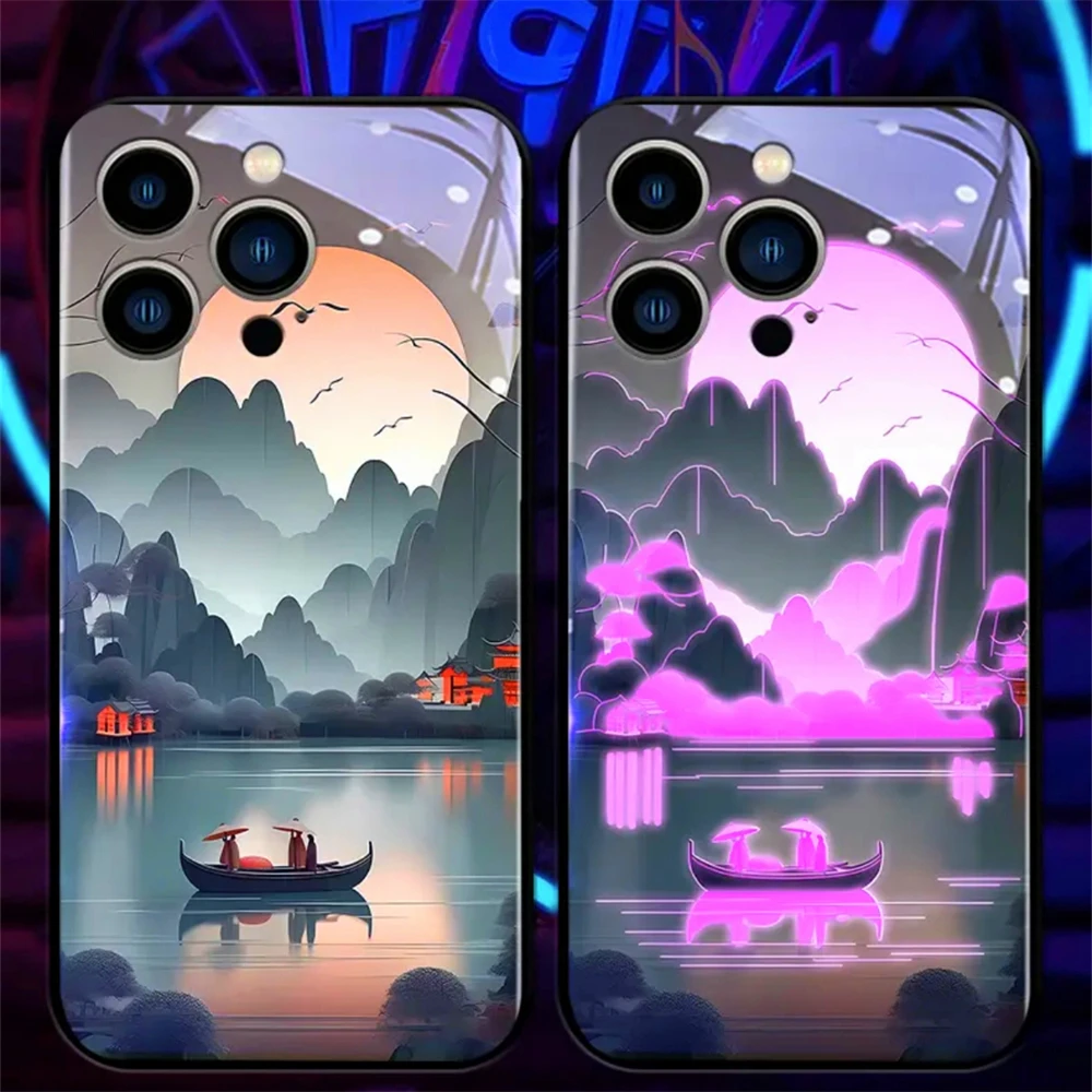 Boating Ancient Painting Smart LED Light Glow Tempered Glass Phone Case For iPhone 15 14 13 12 11 Pro Max XR XS Plus SE2020