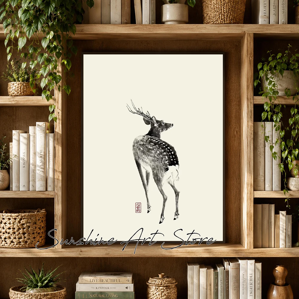 Minimalist Ink Style Japanese Deer Painting Vintage Asian Fine Art Curious Deer Poster Canvas Painting Wall Pictures Home Decor