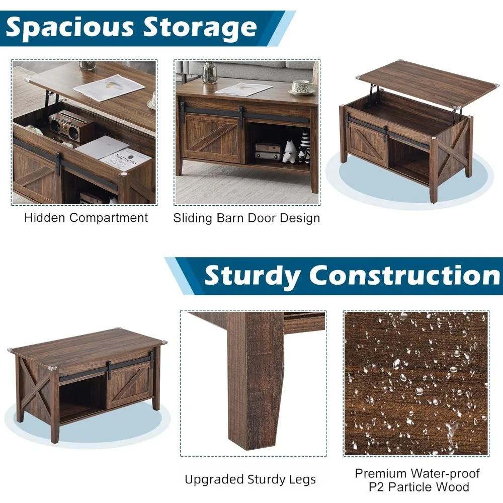 Rustic Grey Farmhouse Style Coffee Table with Lift Top and Storage Shelf