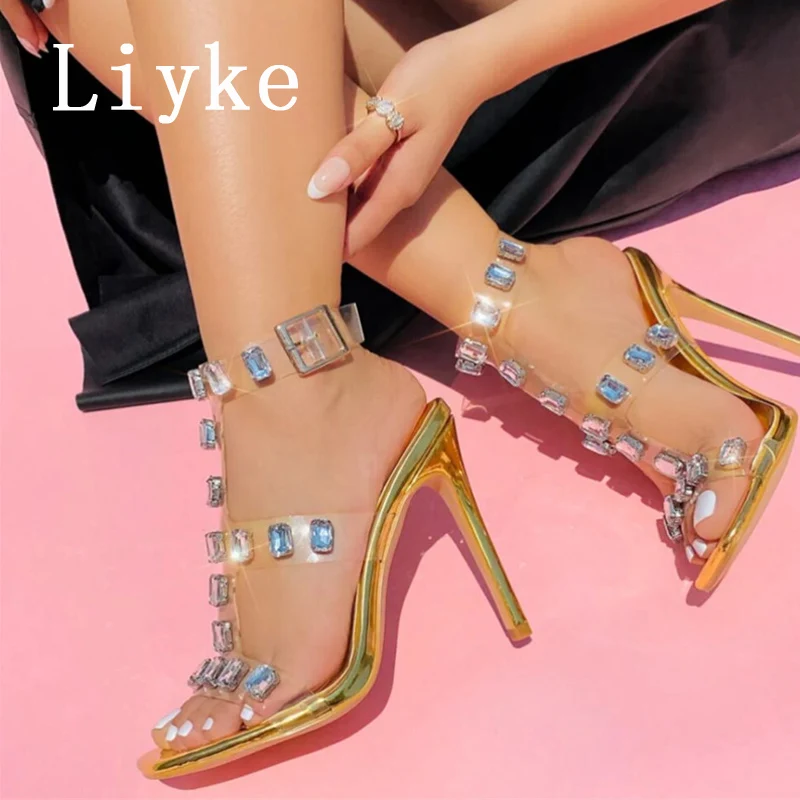 Liyke Summer 11.5CM Thin High Heels Transparent Sandals Women 2024 Fashion Crystal Diamond Ankle Strap Ladies Party Dress Shoes