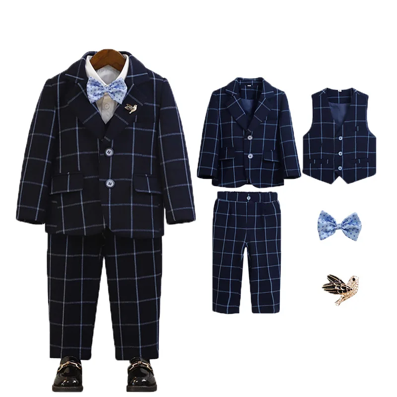 Children Blue Plaid 5Pieces/Set Jacket Vest Pants Bowtie Brooch Photograph Dress Kids Luxurious Birthday Suit Boys Wedding Set