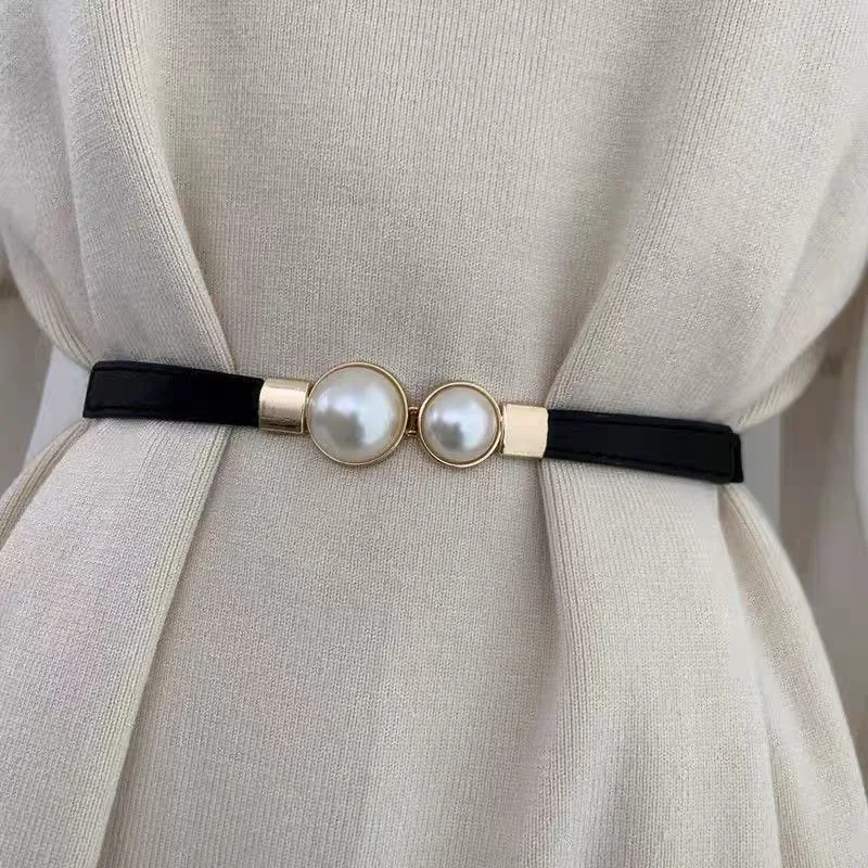 Elegant Vintage Pearl Waist Chain Belts Women's Korean Style Sweater Jacket Hooks Elastic Slim Fit Leather Belt