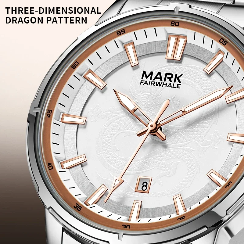 

MARK FAIRWHALE Fashion Luminous Dragon Engraved Dial Mens Watches Quartz Wristwatches Waterproof montre luxe