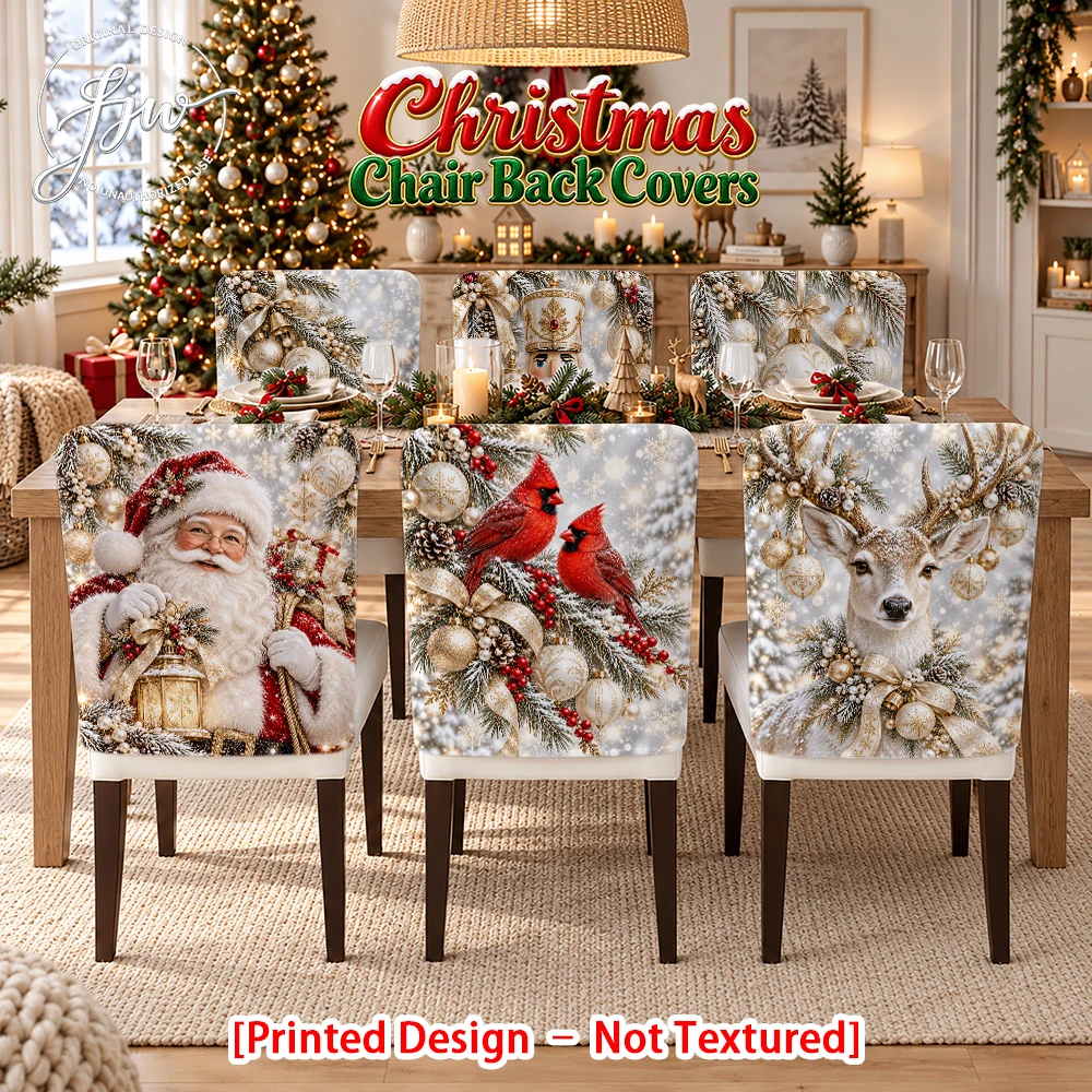 2/4/6pc Christmas Chair Back Covers Festive Holiday Dining Chair Slipcovers with Santa Reindeer Cardinal Designs