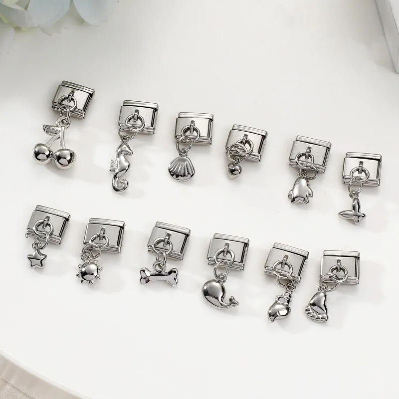 2025 Wholesale Cherry Sun Star Bone Shell Whale Conch Italian Charm Fit 9mm Stainless Steel Bracelet Drop Shipping Women Jewelry